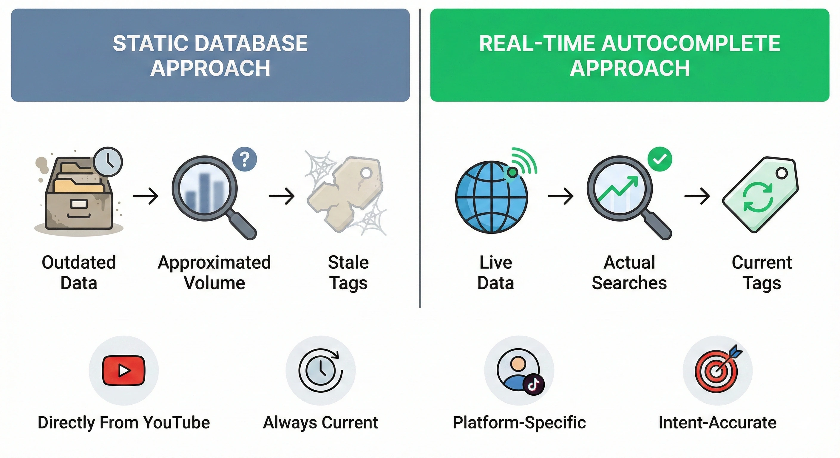 Comparison diagram: static keyword database approach vs real-time YouTube autocomplete for tag generation